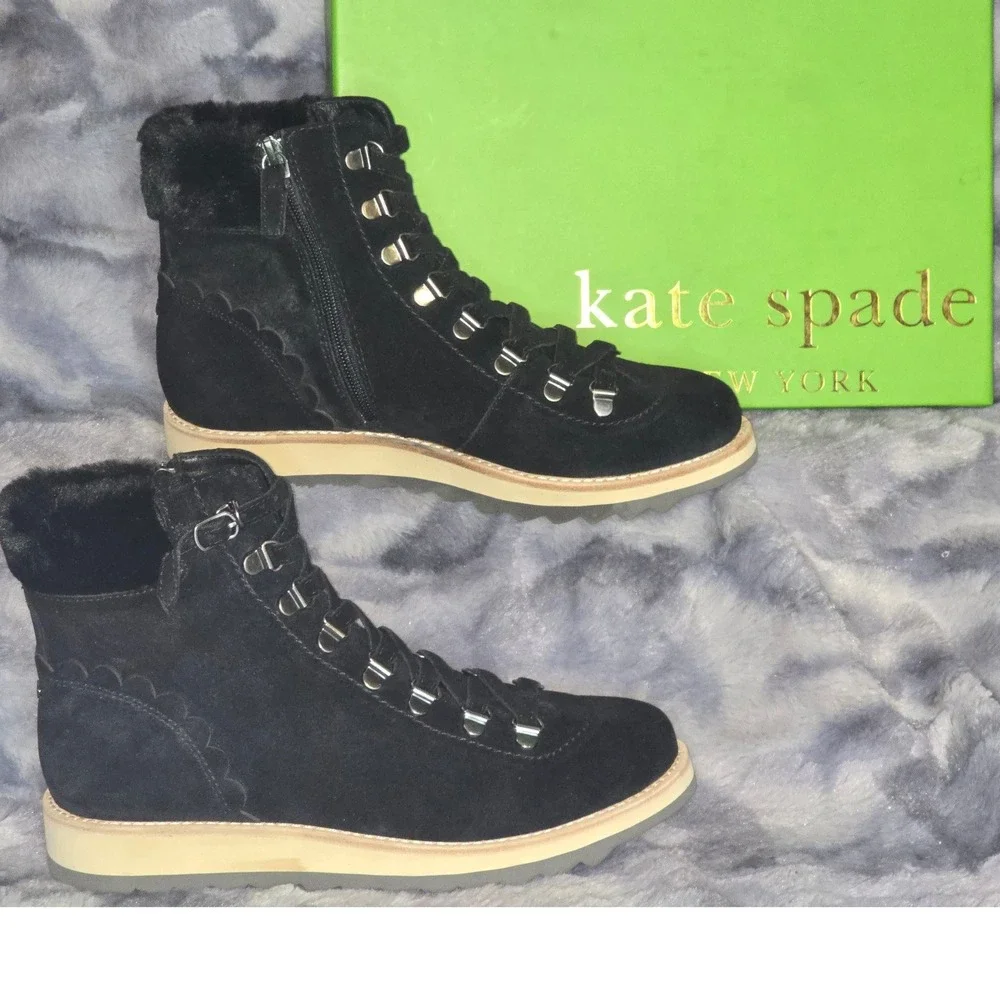 NWB Kate Spade Maira‎ Black Suede Fur Lined Lace Up Hiking Boots Women Size 8